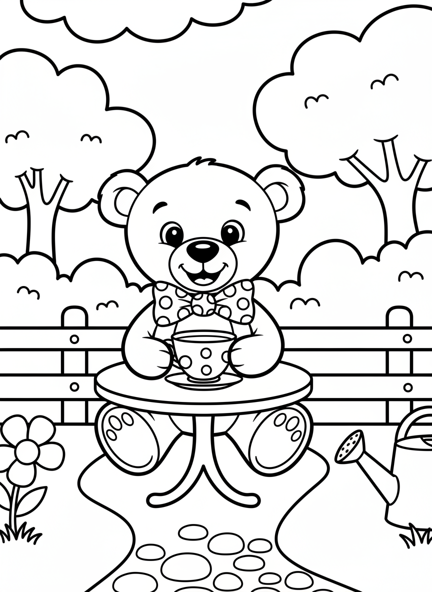 A cheerful teddy bear sitting at a small round table with a teacup and saucer, wearing a bow tie, simple line art for young children