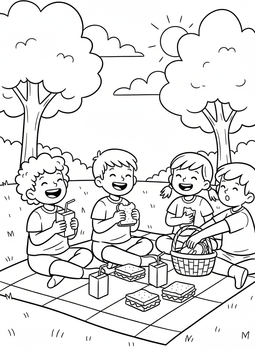 Children having a picnic on a blanket with sandwiches and juice boxes, enjoying time together outdoors.