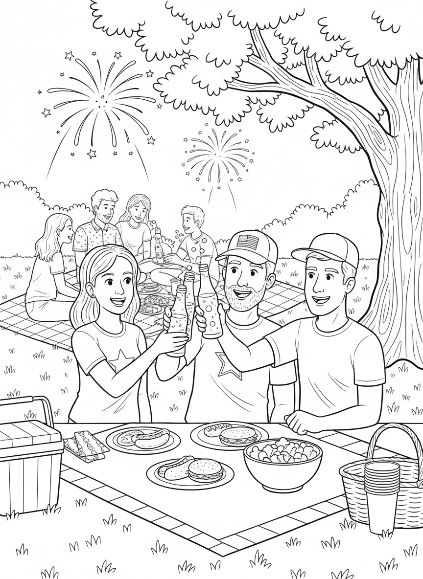 Fourth of July Picnic coloring page prompts capturing summer gatherings, patriotic colors, and relaxed outdoor celebrations.	A close moment of friends raising cold drinks together in a casual Fourth of July toast.