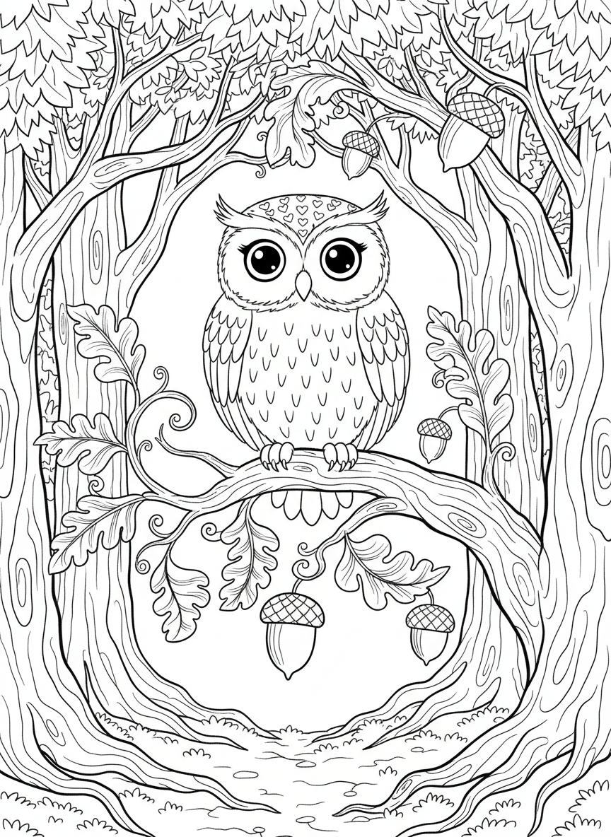 A friendly owl perched on a twisted tree branch with decorative leaves and acorns, enchanted forest setting, clear outlines