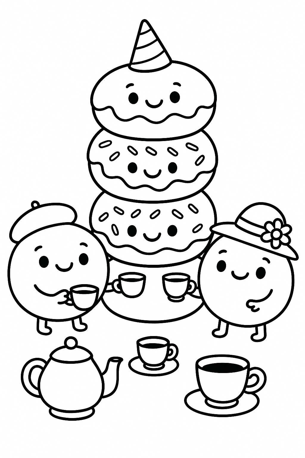 A stack of donuts having a tea party with tiny cups and silly hats.