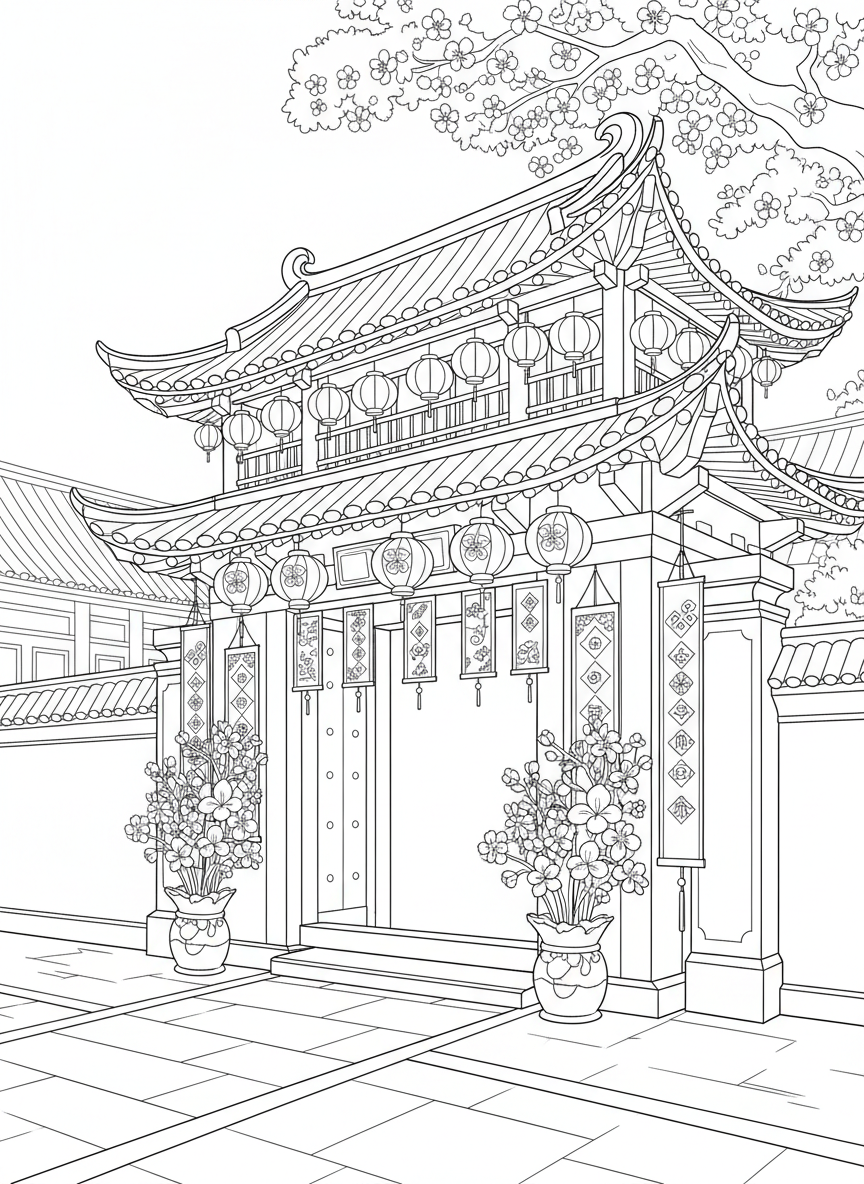 A traditional gate decorated with lanterns, flowers, and lucky banners for the new year, architectural scene