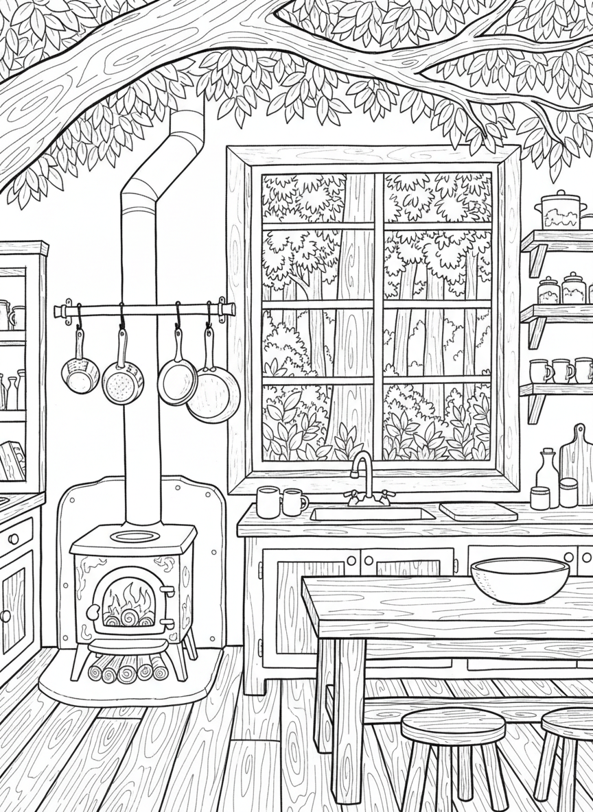 A cozy treehouse kitchen with a small wood-burning stove, hanging pots and pans, and a window overlooking the forest canopy.