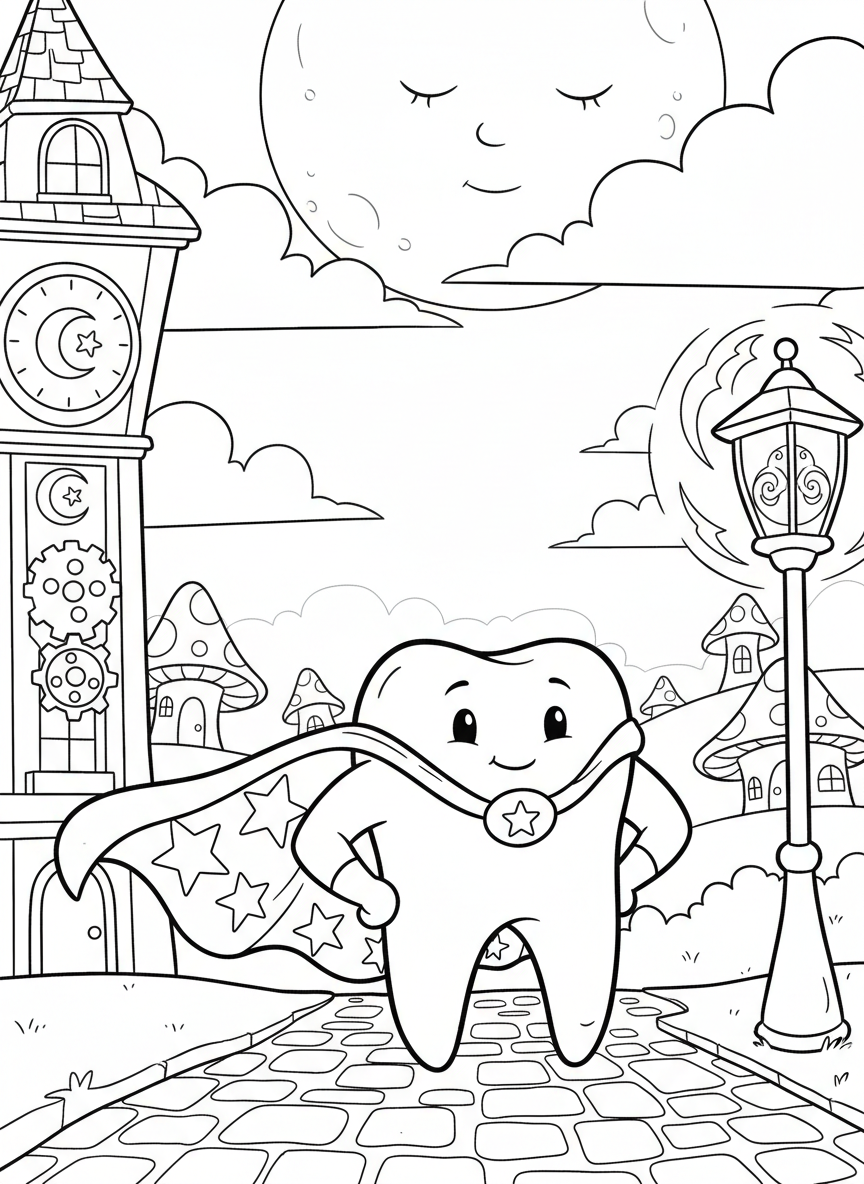 A brave little tooth with a superhero cape standing proudly, ready for the tooth fairy's visit