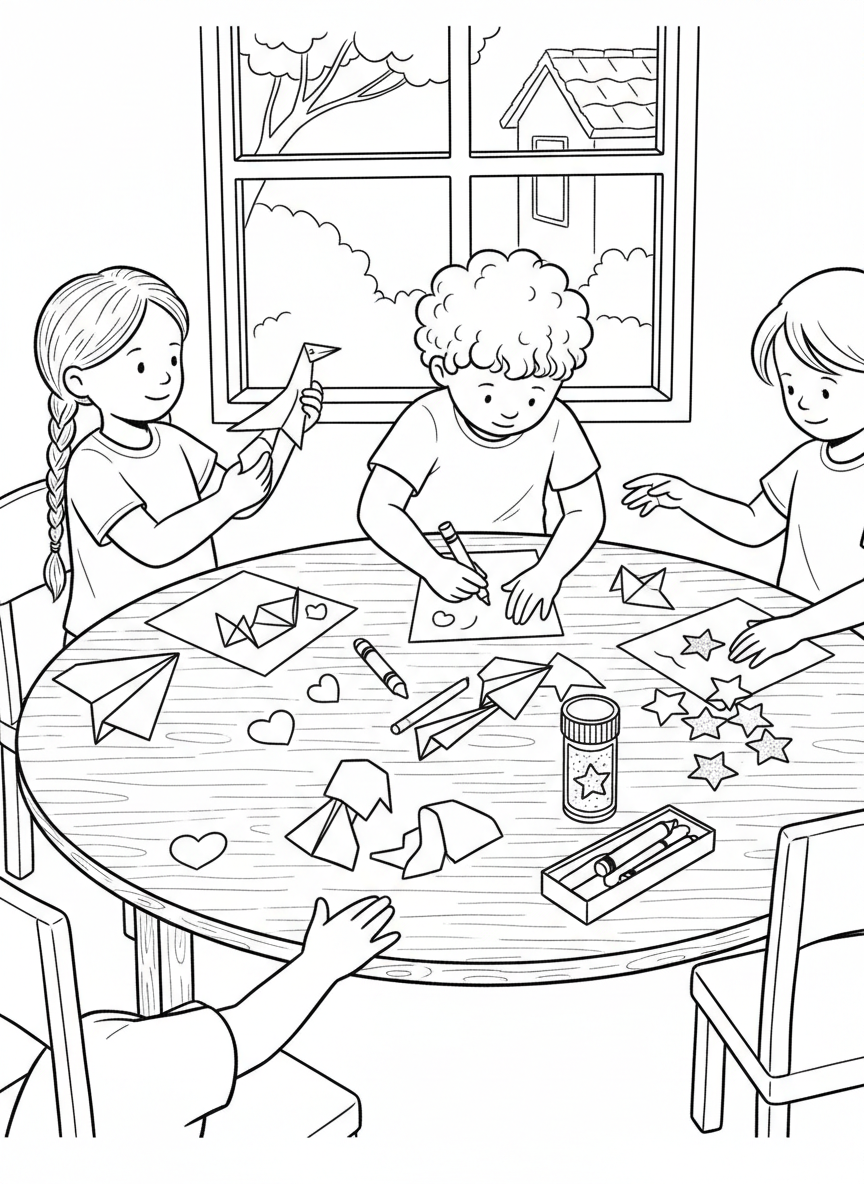 A group of children making paper crafts together with cut-out shapes, crayons, and glitter spread across the table.