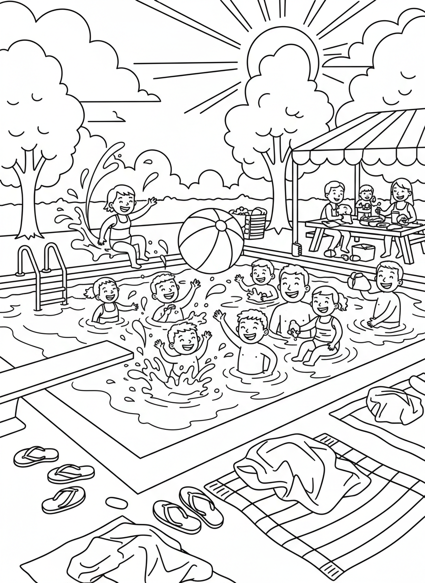 Labor Day coloring page prompts celebrating the close of summer, long-weekend relaxation, outdoor gatherings, and community spirit.	A family day at a public pool, towels and flip-flops scattered nearby as children splash in the water under bright holiday sunshine.