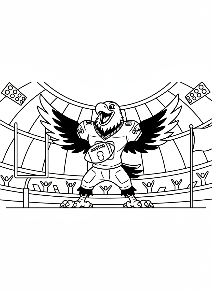 A friendly eagle mascot wearing a Philadelphia sports jersey, holding a football and cheering with wings spread wide.