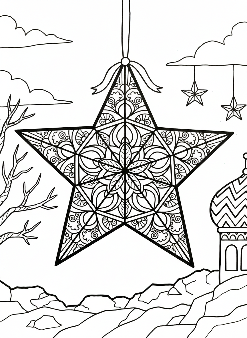 A star-shaped ornament with intricate mandala patterns inside, featuring geometric shapes and symmetrical designs for detailed cutting