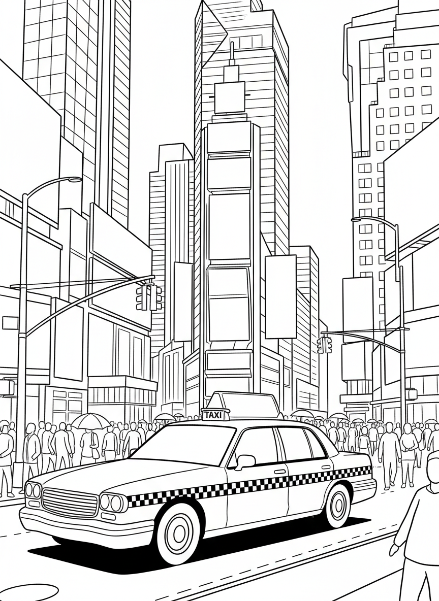 A yellow taxi cab driving through Times Square with tall buildings and billboards in the background, fun city scene with clear outlines.