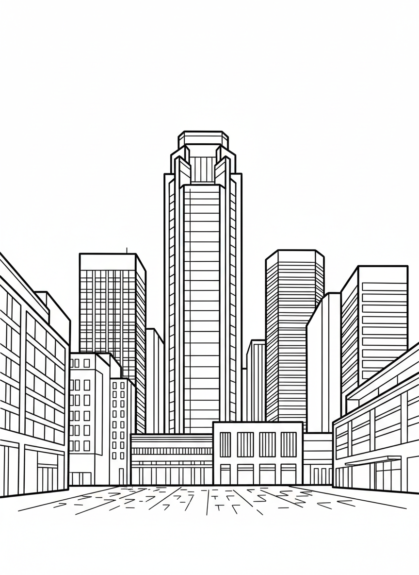The Oklahoma City skyline featuring tall buildings and the Devon Tower, simple architectural shapes with clean lines for coloring.