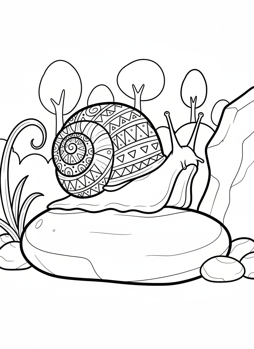 Close-up of a colorful top snail with geometric patterns on its spiral shell, positioned on a smooth pebble