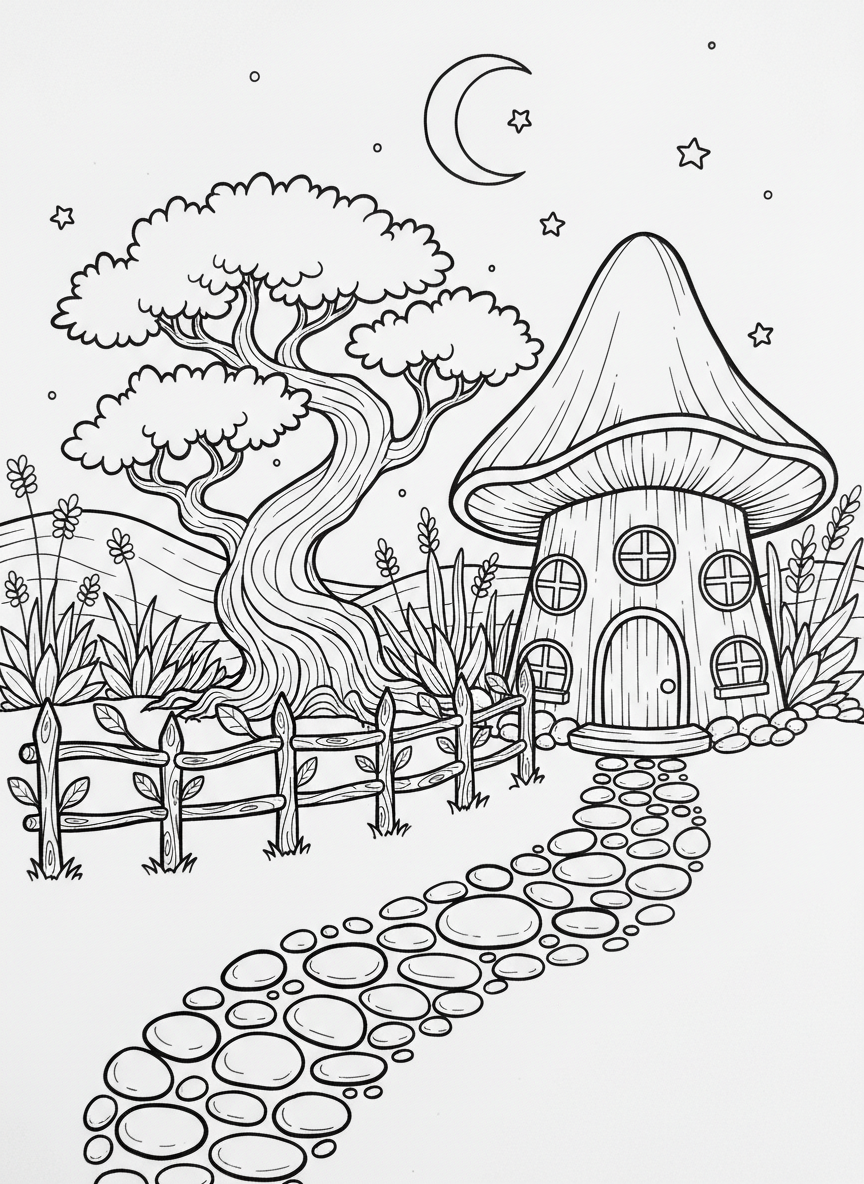 A fairy garden scene with a tiny house, miniature fence, small bonsai tree, and a winding pebble path.