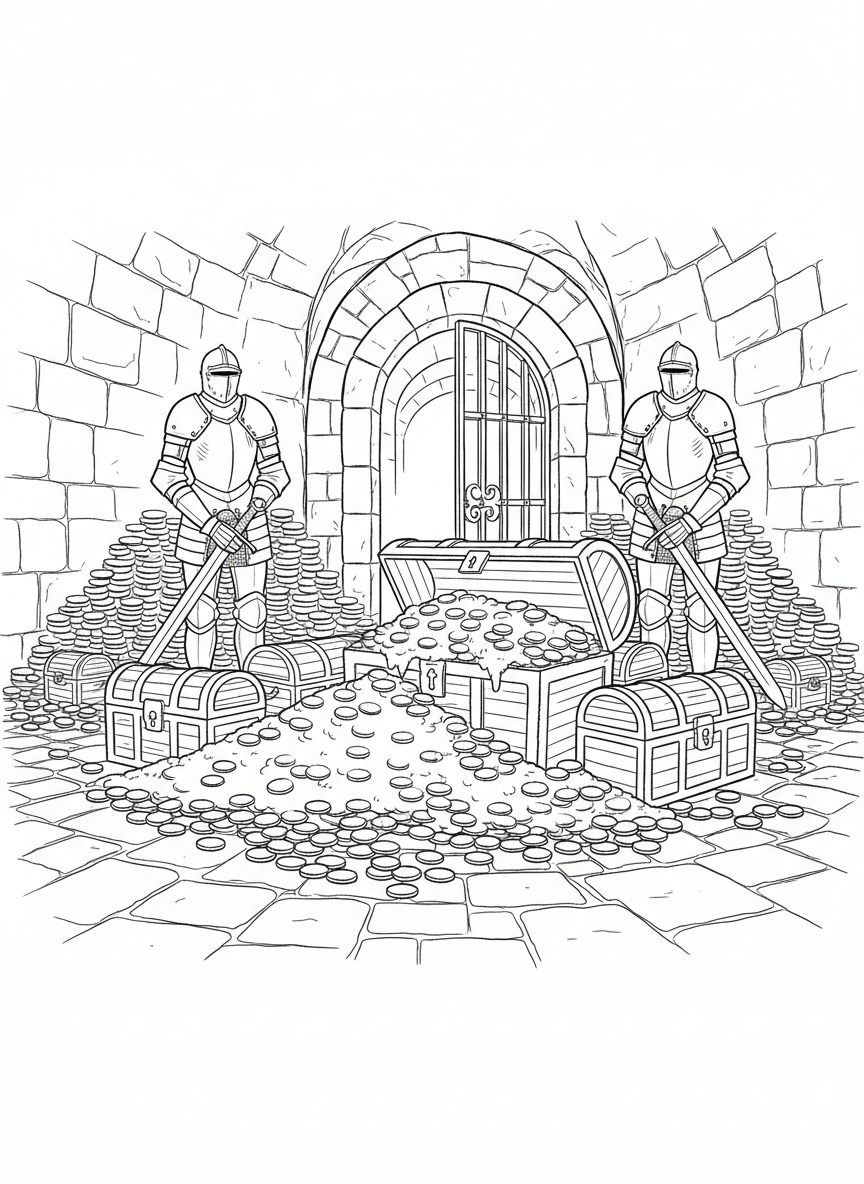 A castle treasure room with multiple chests, suits of armor, and piles of gold coins stacked against stone walls