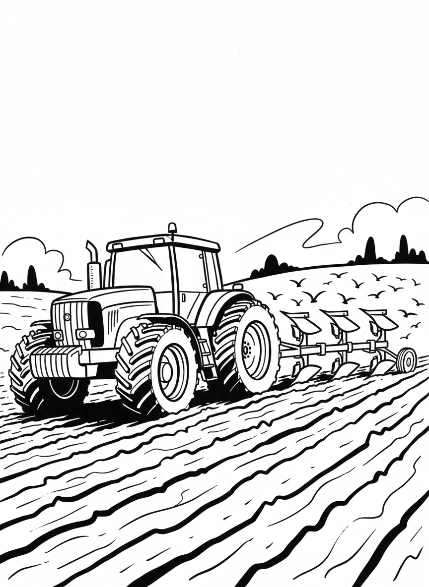 A tractor with a plow attachment turning over soil in a field, creating neat furrows with birds following behind.