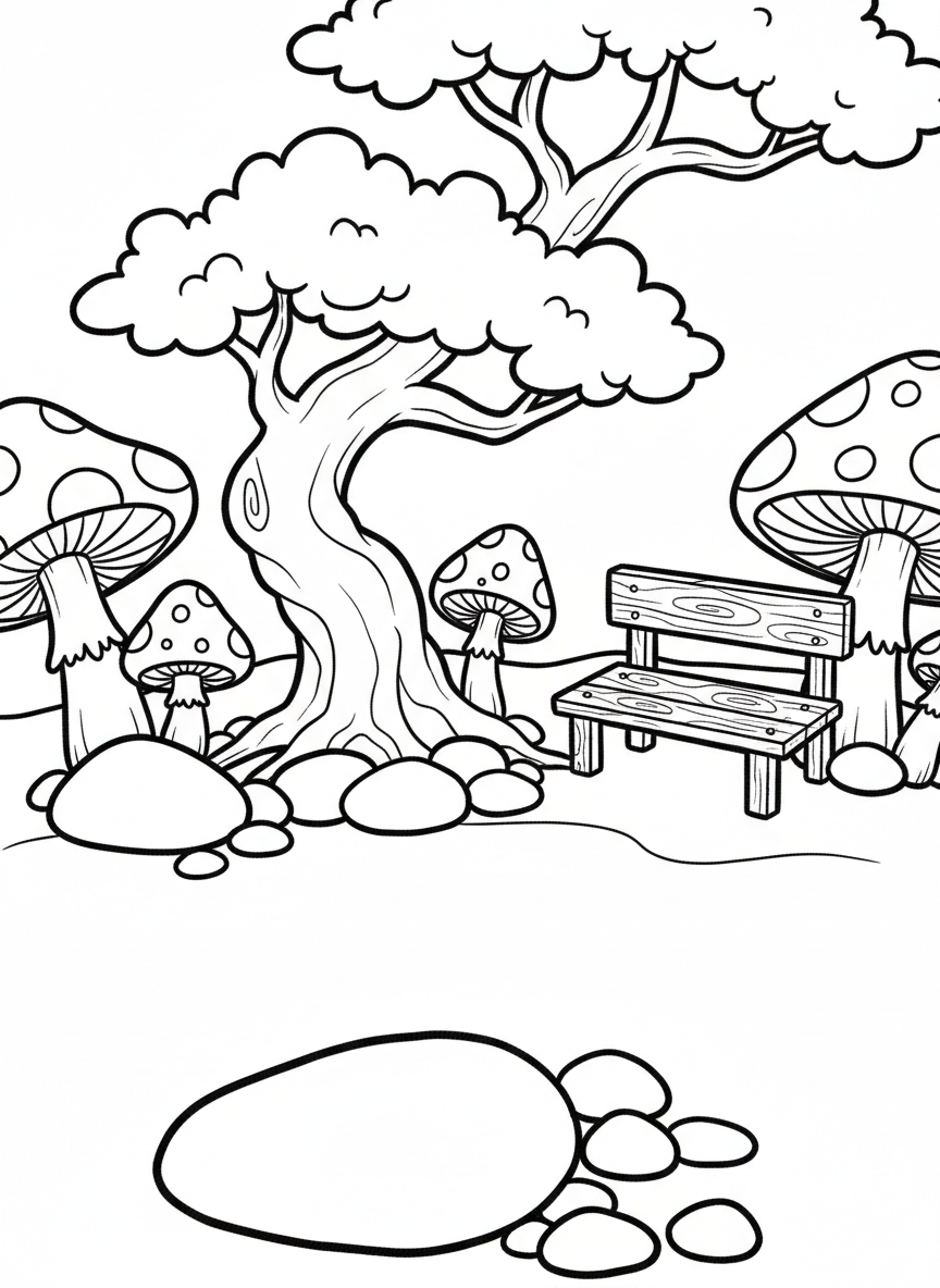 A whimsical miniature garden with tiny toadstools, a small bonsai tree, colorful pebbles, and a miniature wooden bench.