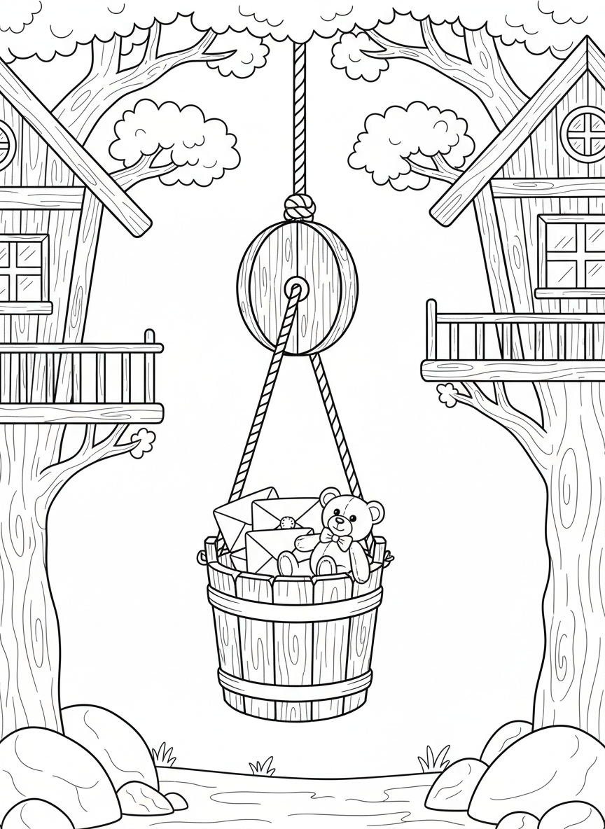 A simple bucket hanging from a rope pulley system between two treehouses, carrying letters and a small teddy bear across the gap.