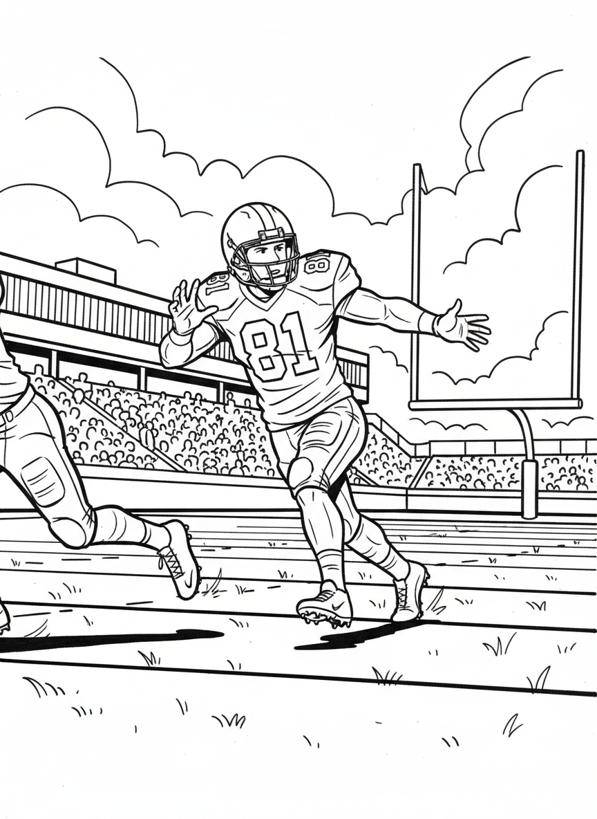 A wide receiver running a route with arms outstretched, looking back for the pass, game action freeze-frame.