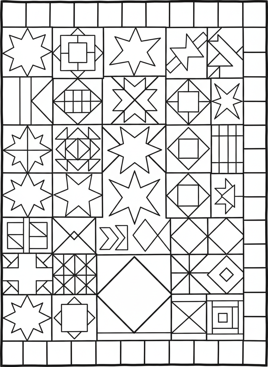 A decorative quilt pattern with geometric shapes, stars, and traditional designs, intricate but clear sections for coloring