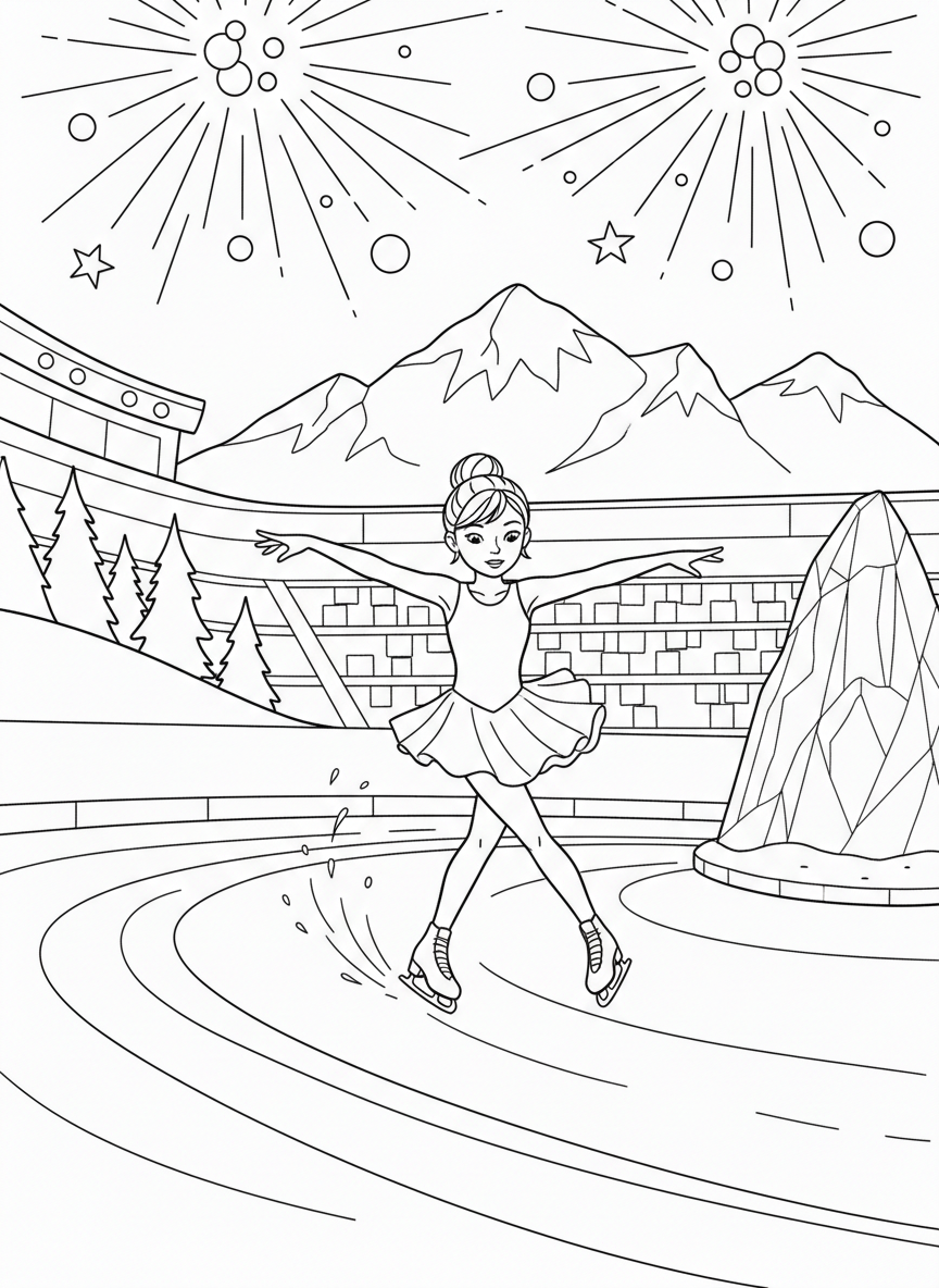 Winter Olympics coloring page prompts capturing snow]y venues, cold-weather sports, and dramatic winter competition.	A figure skater gliding across the ice, arms extended gracefully beneath bright arena lights.