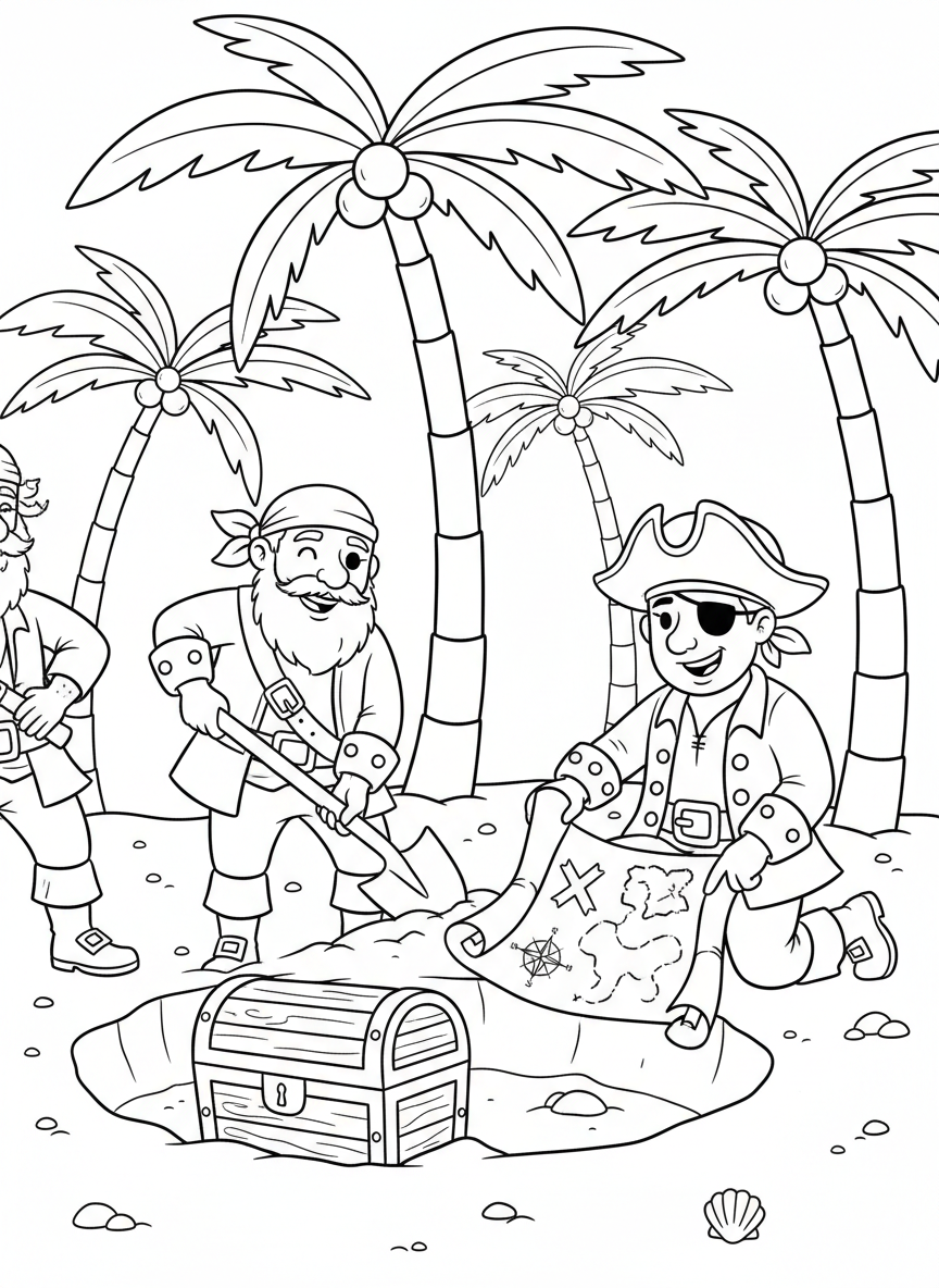 Two friendly pirates digging for treasure on a tropical beach with palm trees, shovels, and a treasure map spread on the sand