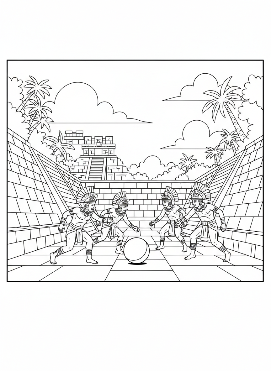 A Mayan ball court with sloped stone walls and a large rubber ball, players in traditional clothing ready for the game.