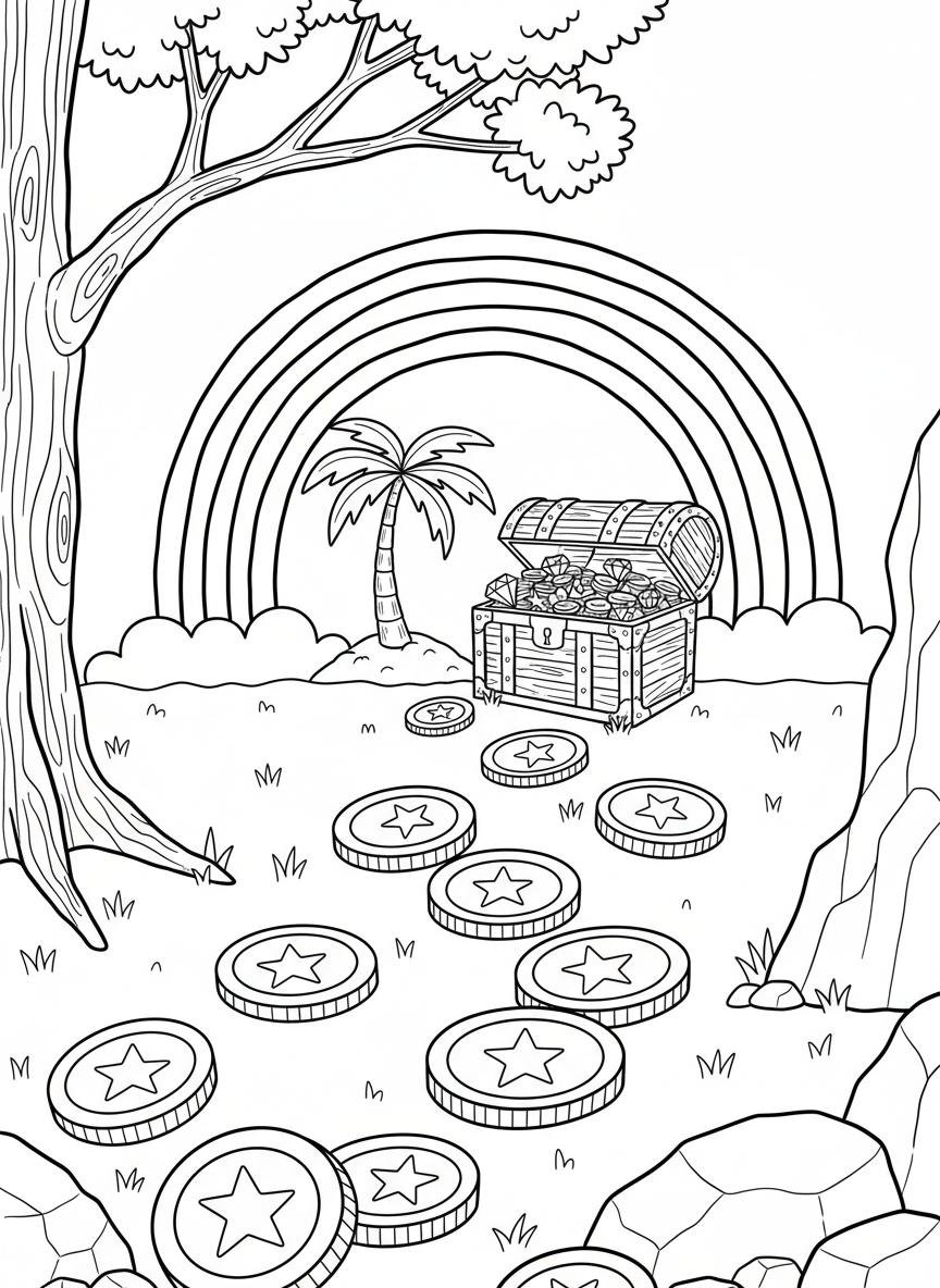 A treasure hunt scene with a trail of gold coins leading to a chest under a rainbow