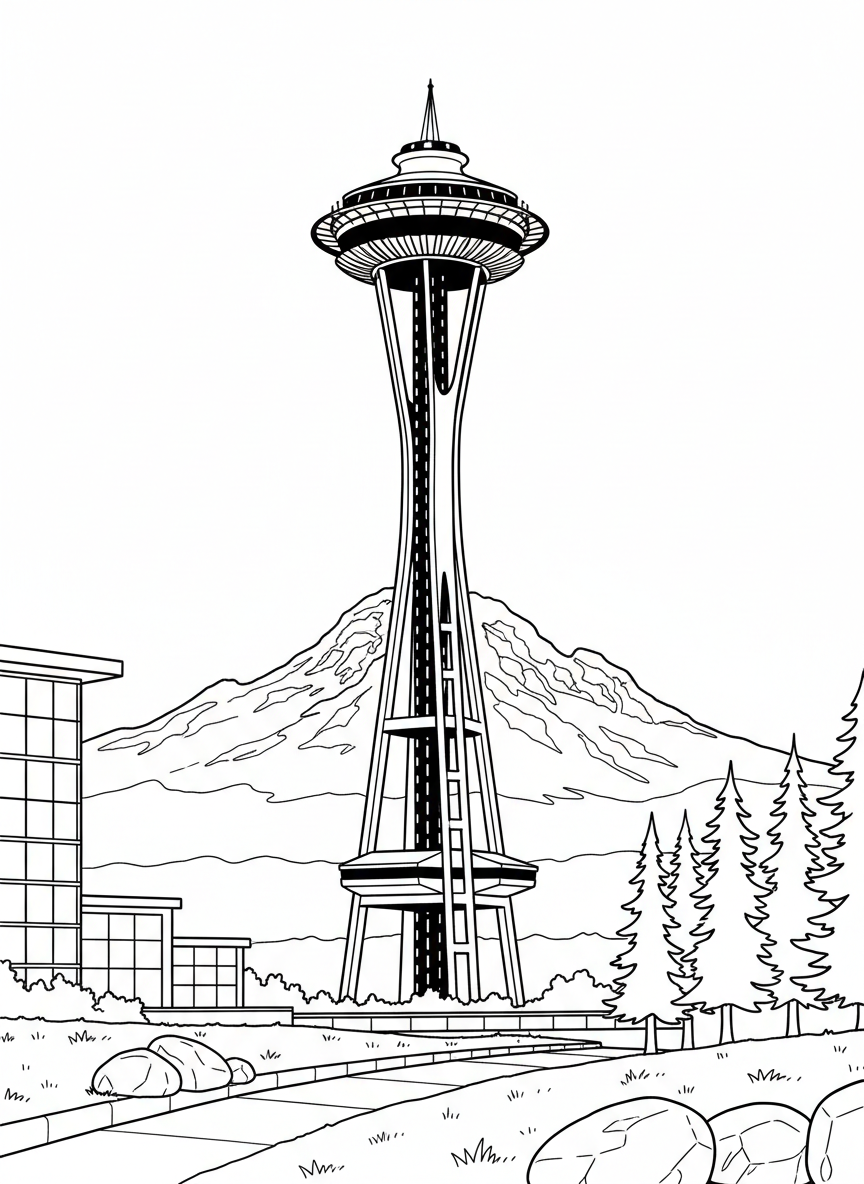 The iconic Space Needle tower standing tall with Mount Rainier in the background, simple line art with clear outlines perfect for coloring.
