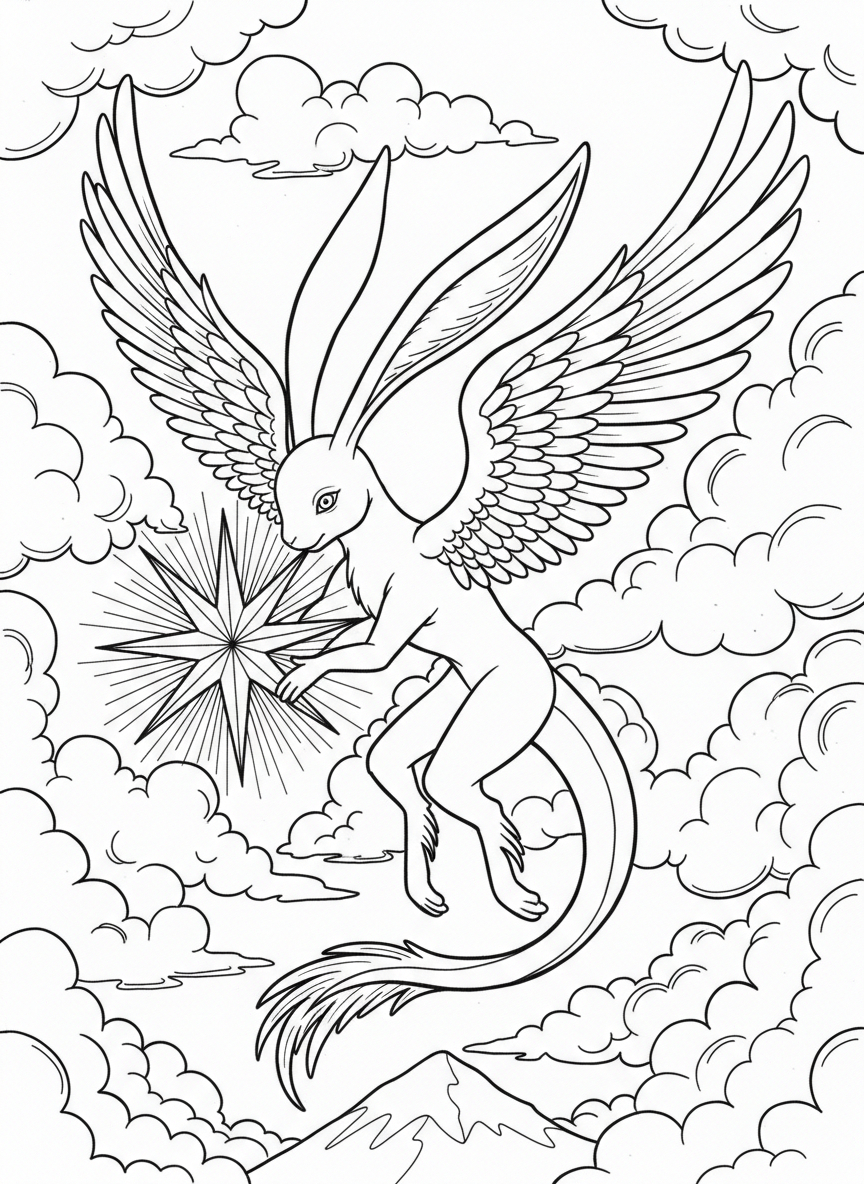 A whimsical fantasy creature with long ears flying through fluffy clouds holding a star, black and white outline drawing