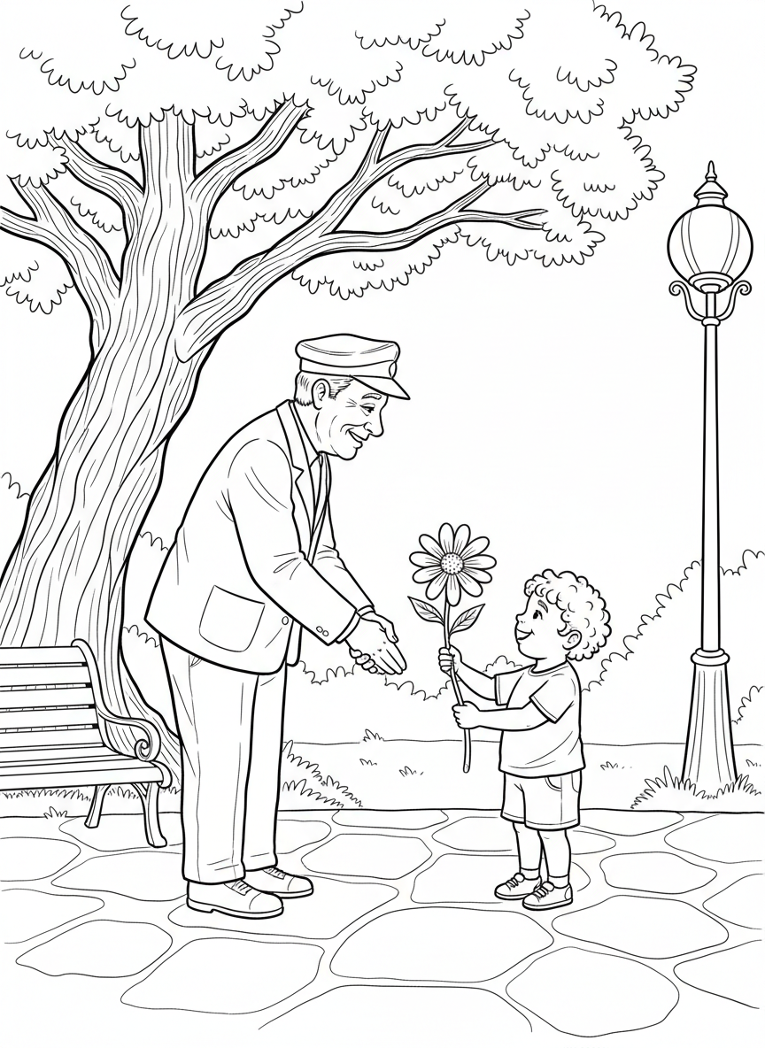 A veteran shaking hands with a young child who is offering a flower, intergenerational respect and gratitude
