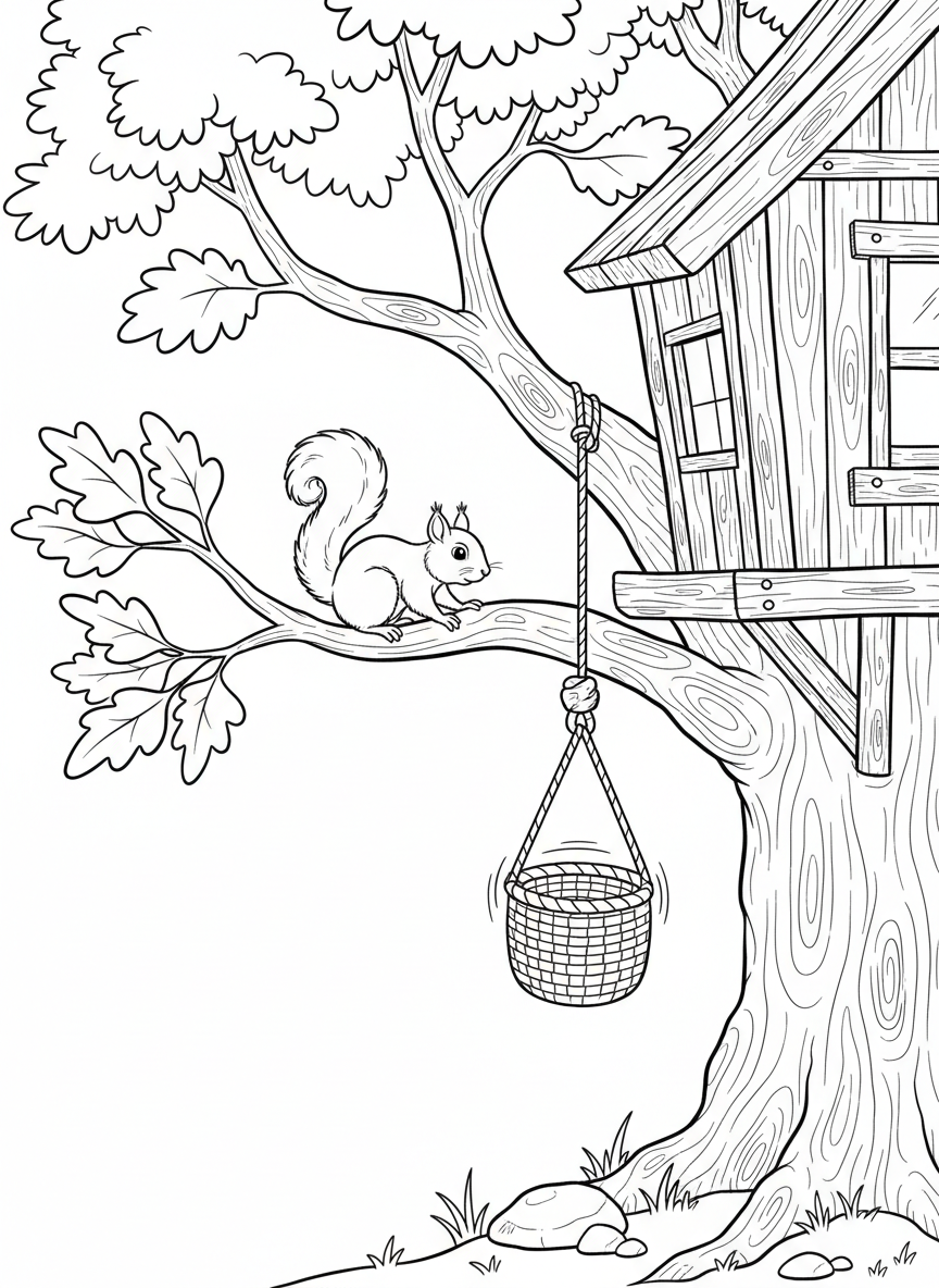 A squirrel watching curiously as a pulley basket moves up and down beside a treehouse.