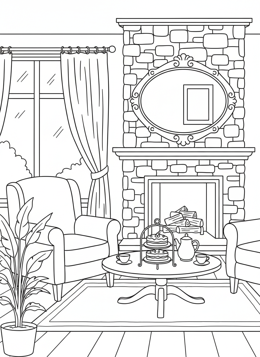 A cozy indoor tea party scene with a fireplace in background, armchairs, a coffee table with tea service and a layered cake.