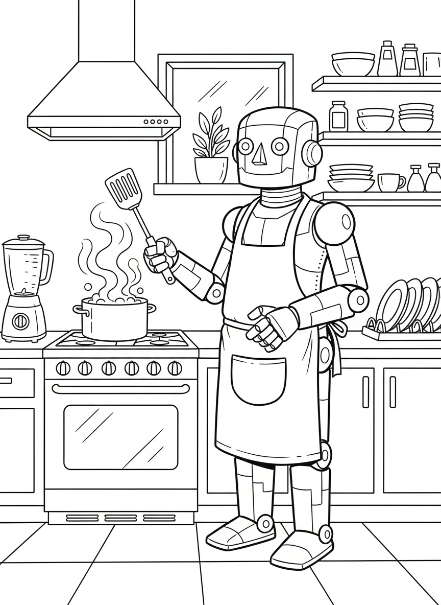 A robot chef with an apron cooking in a kitchen, holding a spatula with steam rising from a pot.