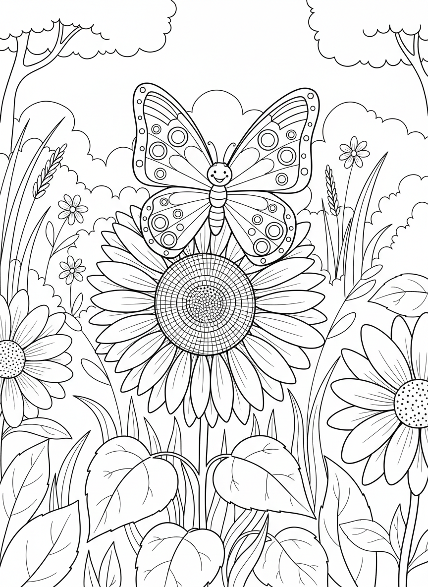 A smiling butterfly with large symmetrical wings covered in circular patterns, perched on a sunflower in a garden.