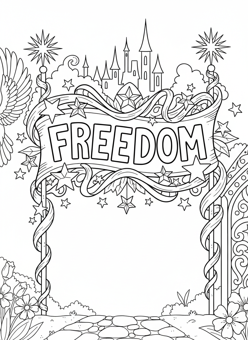 A large decorative banner with the word 'FREEDOM' in bold block letters, surrounded by stars and flowing ribbons, easy to color