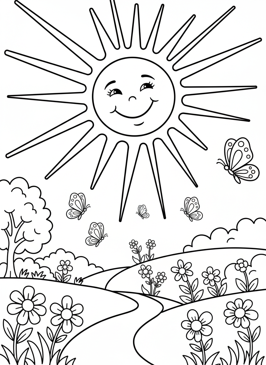 A cheerful sun with rays shining over a simple landscape with flowers and butterflies, representing a bright sunny day perfect for outdoor play.