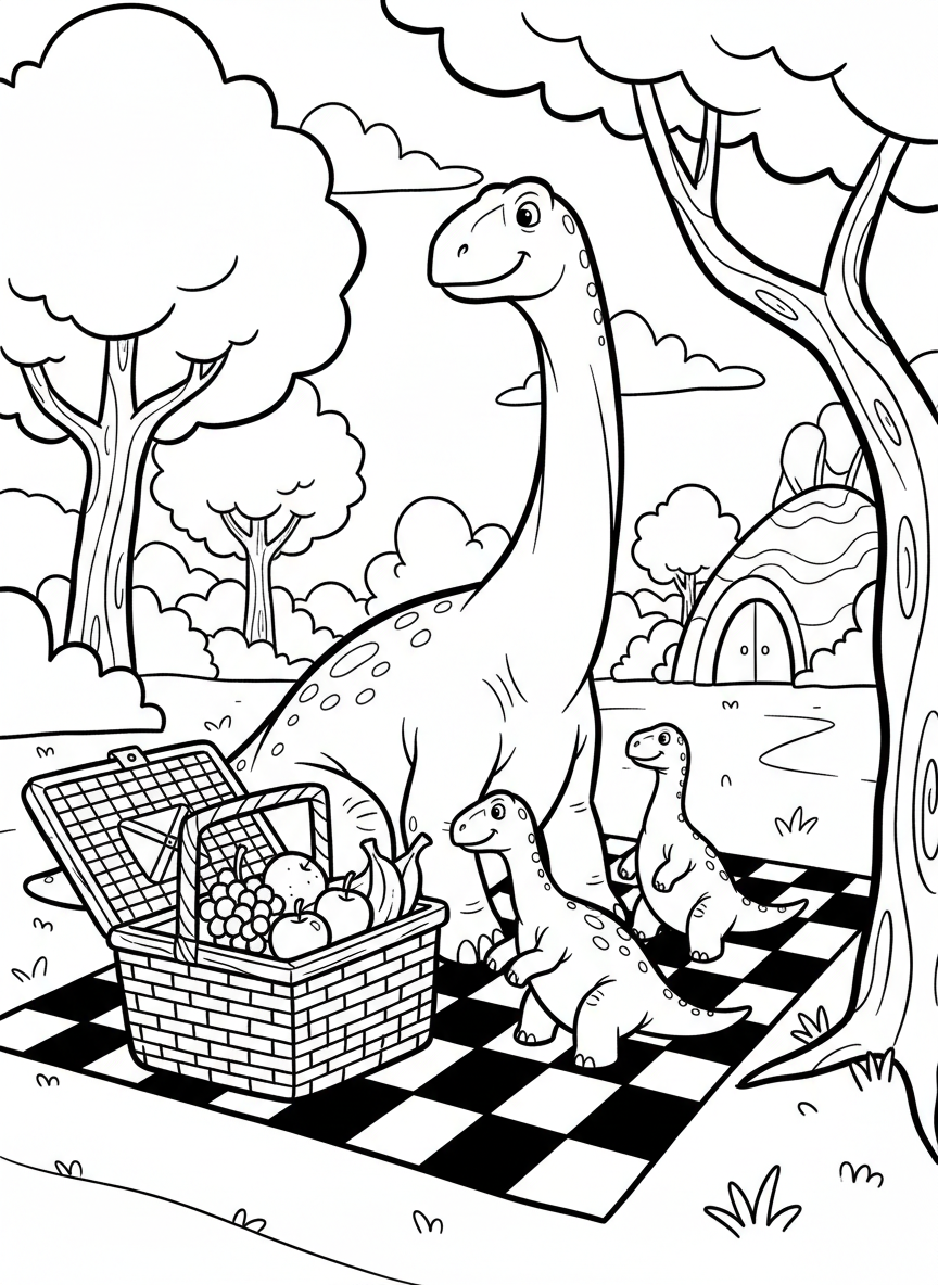 A Maiasaura family having a picnic on a checkered blanket with a wicker basket, outdoor home gathering.