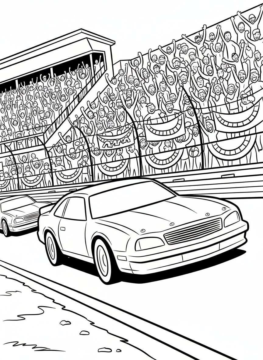 A stock car racing around an oval track with grandstands full of cheering fans and banners hanging from the railings.