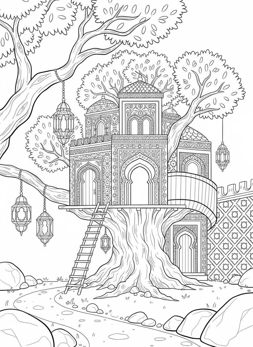 A Moroccan-inspired treehouse with arched doorways, geometric tile patterns on the walls, and lanterns hanging from branches in an olive tree.