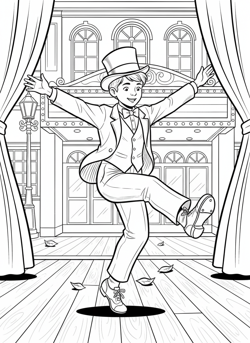 A young tap dancer mid-step with arms outstretched, wearing a top hat and showing off fancy tap shoes.