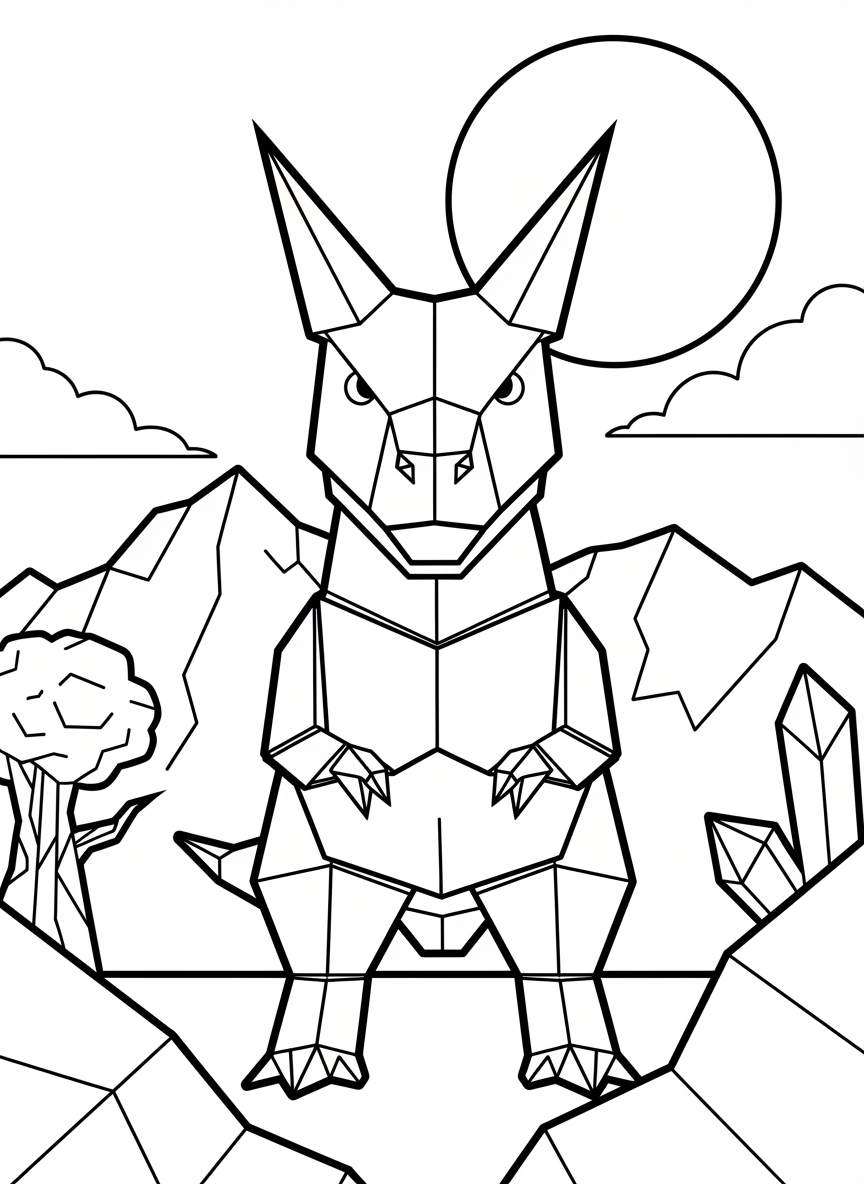 An origami Carnotaurus with geometric horns above its eyes, muscular angular body, and tiny folded arms, front-facing view.