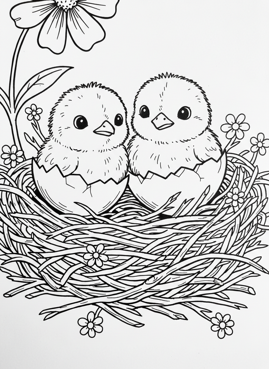 Two baby chicks hatching from cracked eggs in a nest made of straw and twigs, surrounded by small flowers