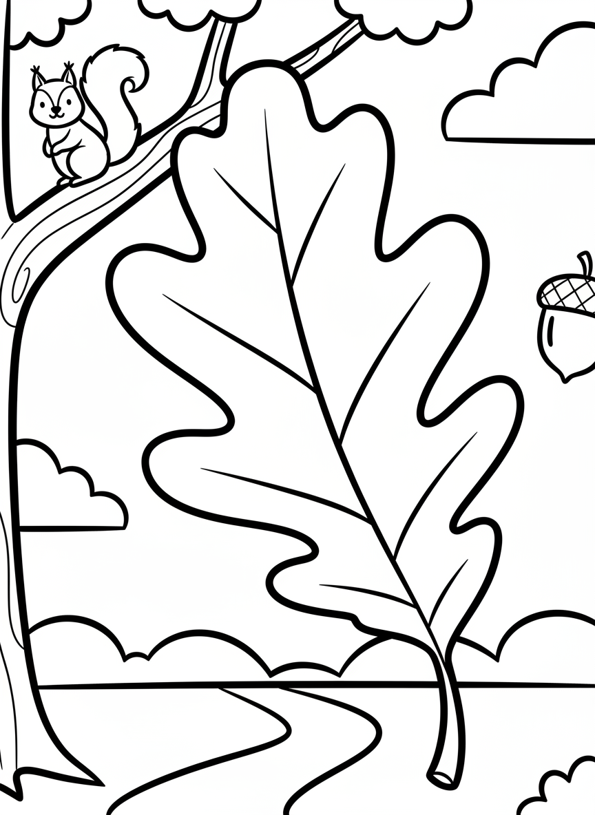 A single large oak leaf with detailed veins and a gently curved stem, simple and perfect for young children.