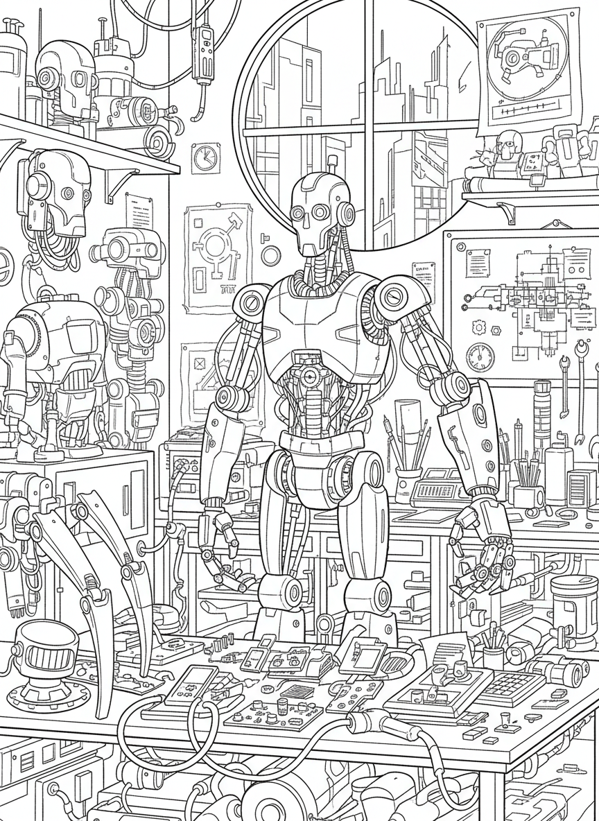 A robot inventor's workshop packed with gadgets, blueprints, mechanical parts, and unfinished inventions waiting to be completed.