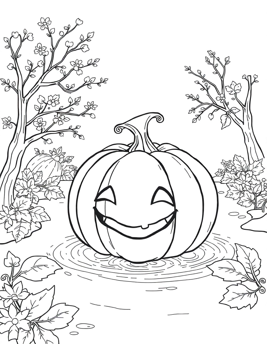 A friendly pumpkin floating on a river in an autumn scene.