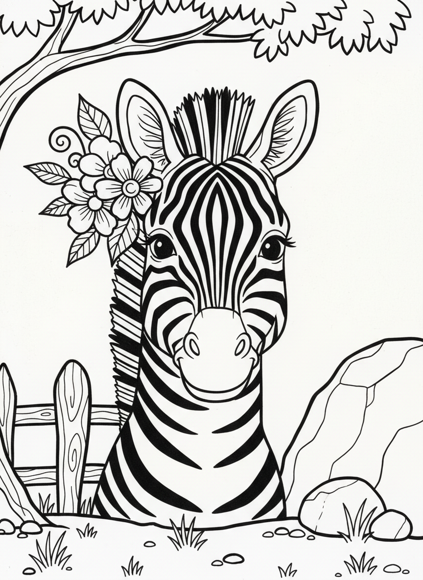 A zebra's head portrait with flowers tucked behind one ear, sweet smile, decorative but simple line art in Pottery Barn style