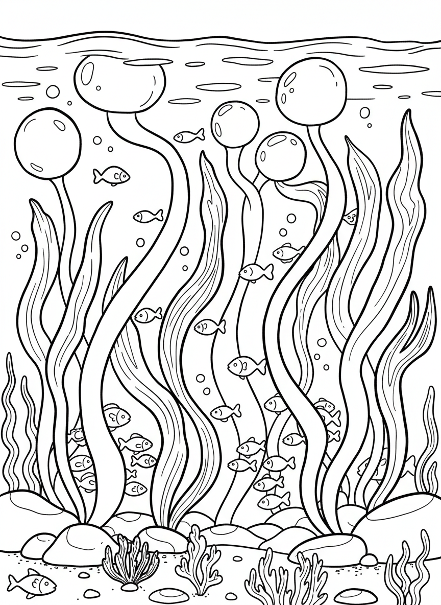 Underwater garden with bull kelp, their round floats bobbing near the surface, and small fish sheltering underneath