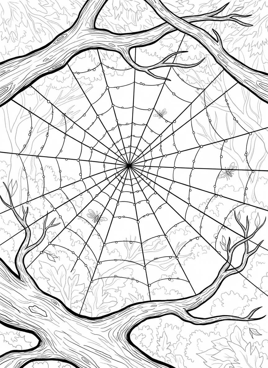 A spider web stretched between branches with dew sparkling on the strands while small insects fly nearby.