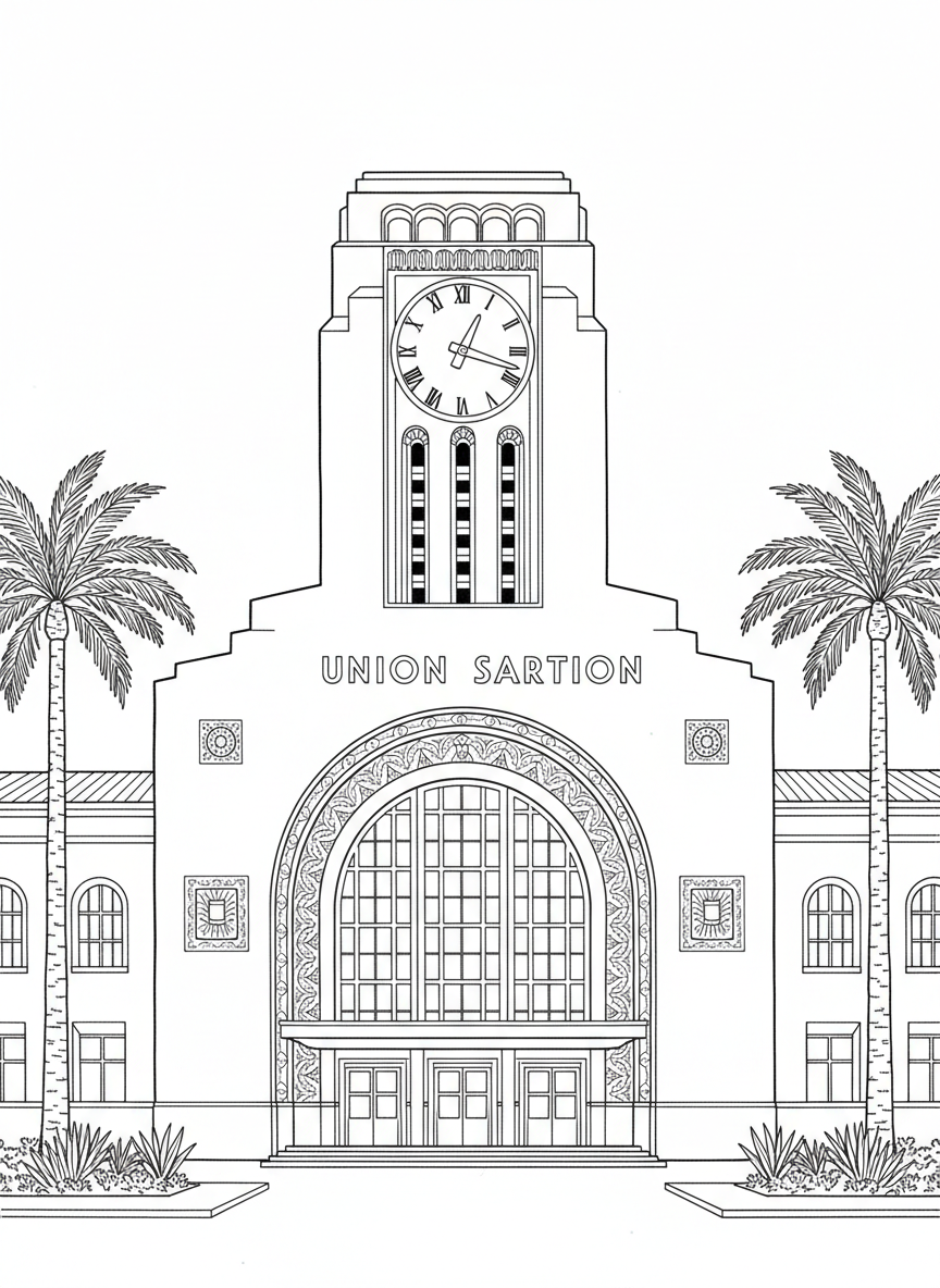 The Los Angeles Union Station building with its iconic clock tower and arched entrance, art deco details