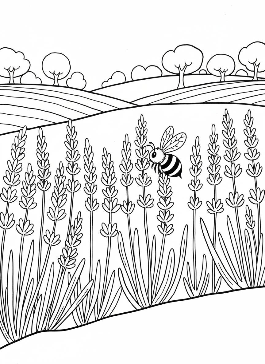 A field of lavender plants with tall stems and clustered flowers, with a bee collecting nectar, simple landscape.