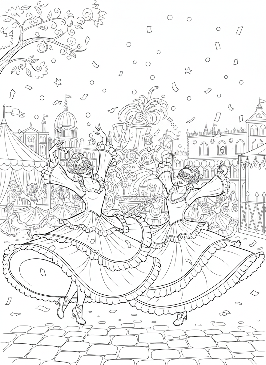 Two dancers in flowing, layered carnival costumes with ruffled skirts twirling together, confetti falling all around them.